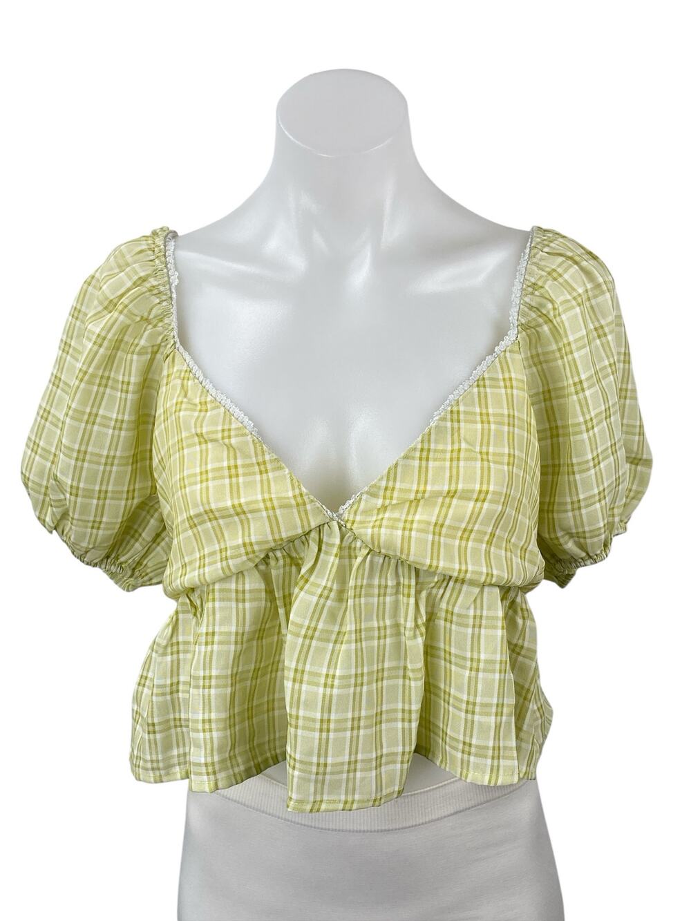 Blue Blush Women's Yellow Plaid Check Deep V Neck Puff Sleeve Crop Blouse Top M